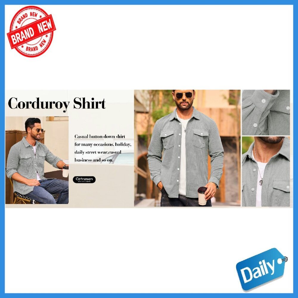 Men's Corduroy Shacket Button Down Long Sleeve Lightweight Overshirt - Picture 8 of 8